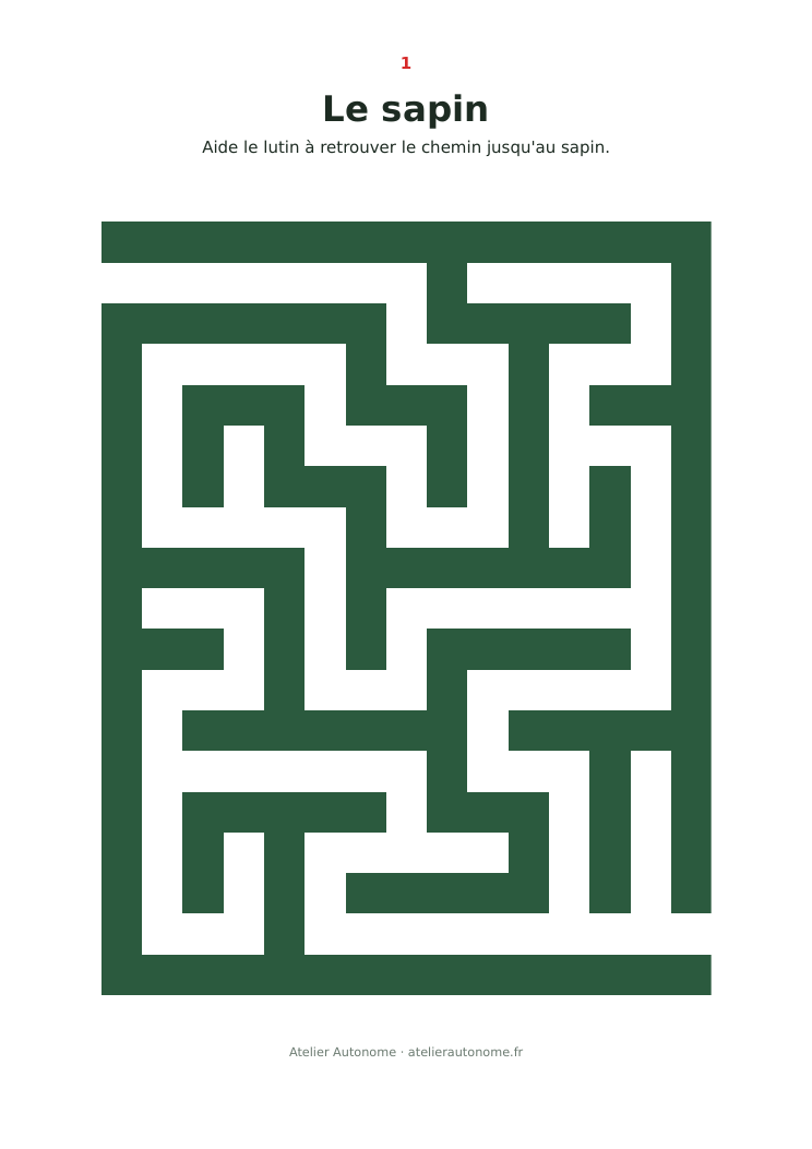 Aperçu : page du labyrinthe « Le sapin », avec la consigne « Aide le lutin à retrouver le chemin jusqu'au sapin »