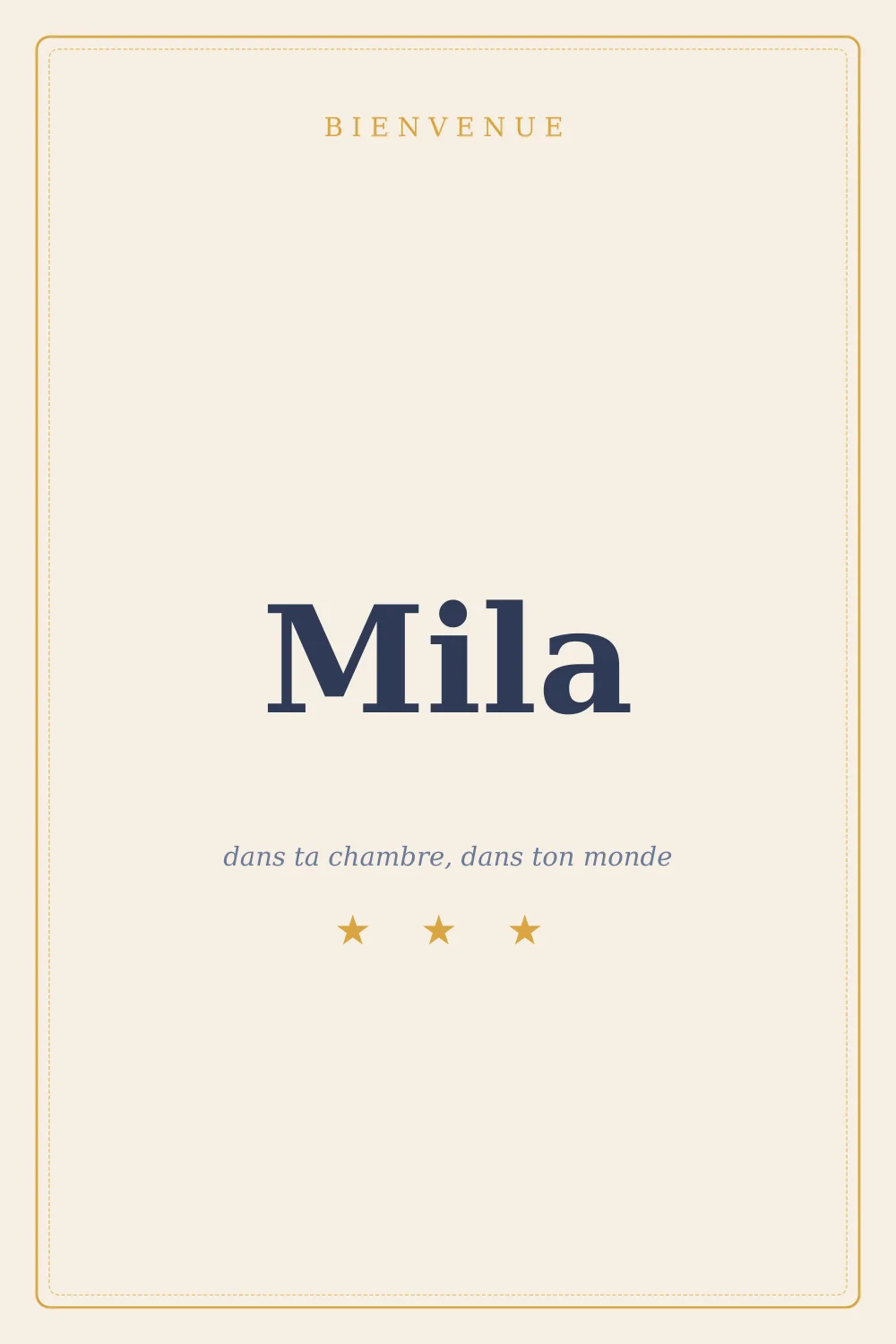 Aperçu de l'affiche 40 × 60 cm : le mot « Bienvenue » et un prénom en grandes lettres bleu nuit sur fond crème, cadre doré