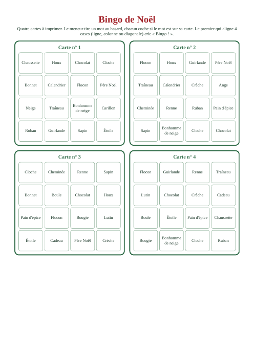 Aperçu de la première page du bingo de Noël à imprimer : des cartes de 16 cases avec des mots de Noël