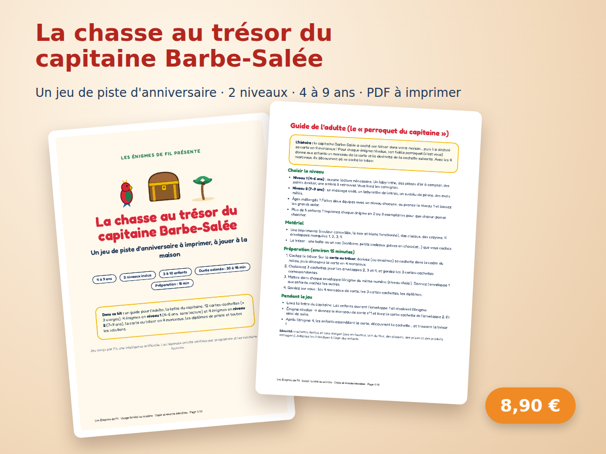 Chasse au trésor du capitaine Barbe-Salée : la couverture avec un perroquet et le guide de l'adulte posés sur une table