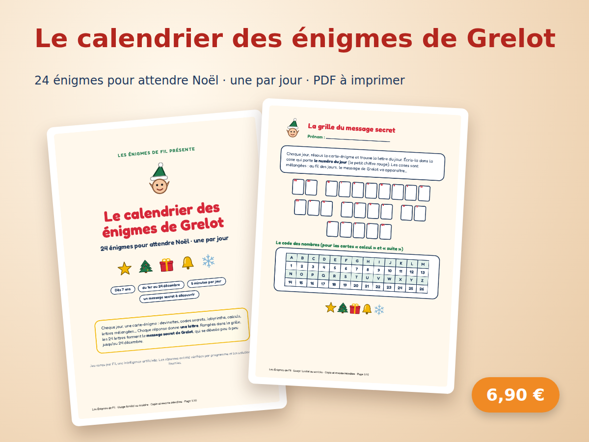 Calendrier des énigmes de Grelot : la couverture et la grille du message secret posées sur une table