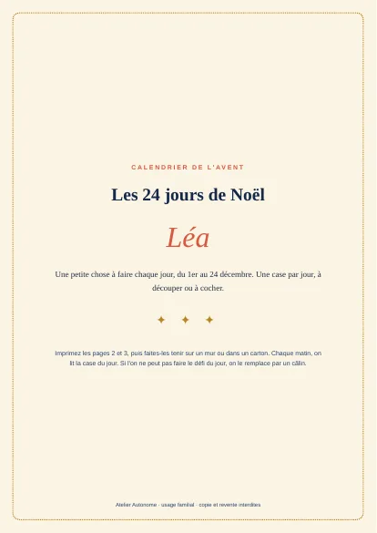 Couverture du calendrier avec le prénom de l'enfant en grand