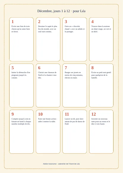 Pages du calendrier de l'Avent au prénom : grille de 24 cases avec un défi par jour