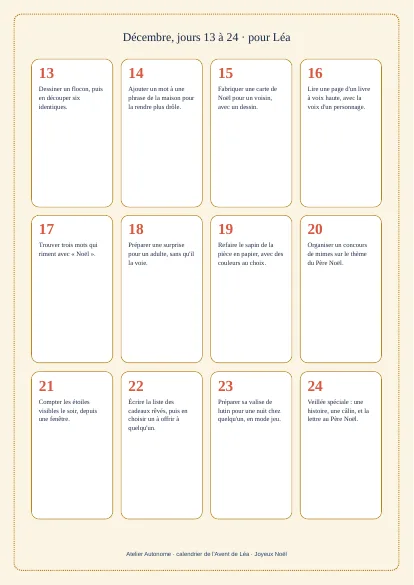 Jours 13 à 24 du calendrier, avec le réveillon à la fin