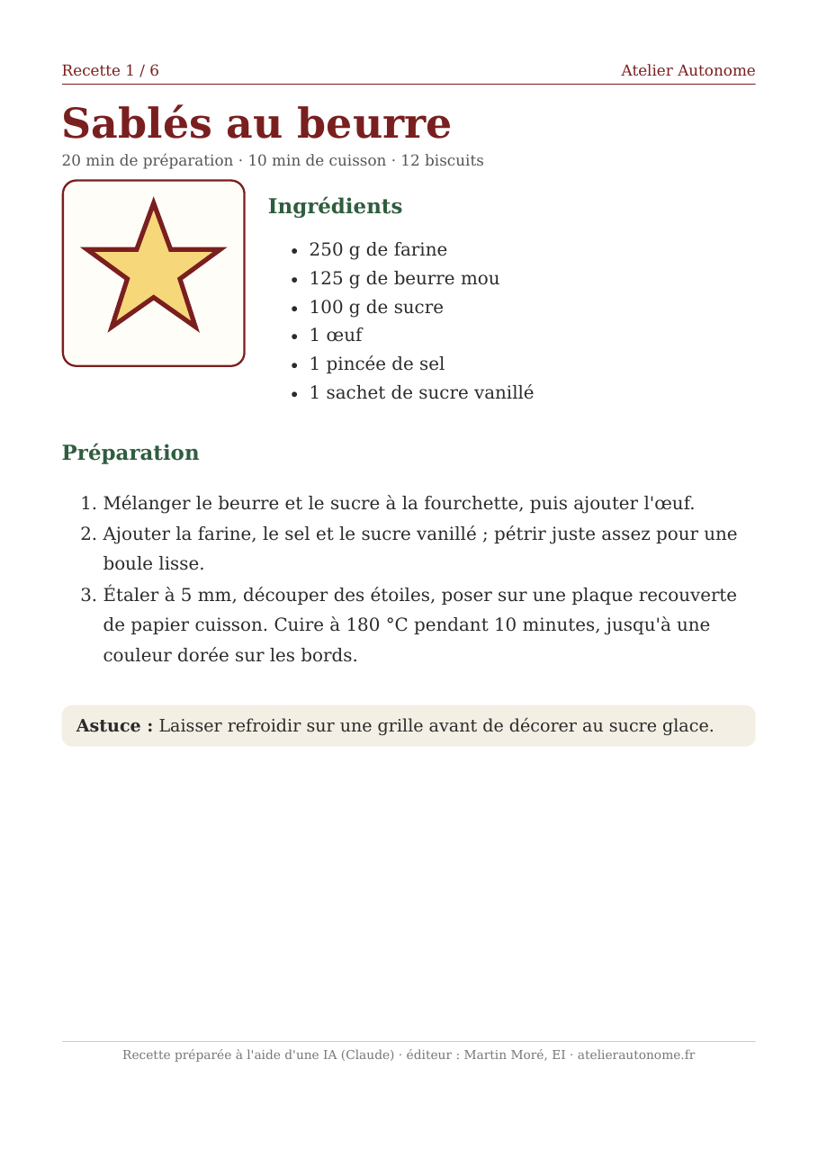Aperçu d'une page du carnet de recettes de biscuits de Noël : ingrédients, étapes et astuce sur une page A4