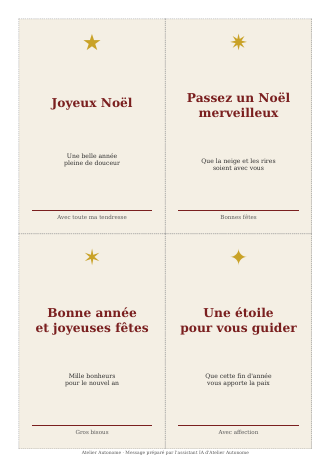 Aperçu de la page de cartes de vœux de Noël : quatre cartes pliables, avec les vœux Joyeux Noël et Bonne année