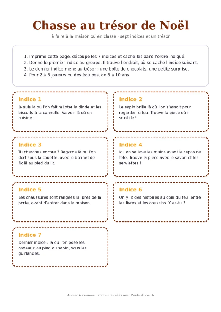 Aperçu de la première page de la chasse au trésor de Noël à imprimer : règles et sept cartes d'indices