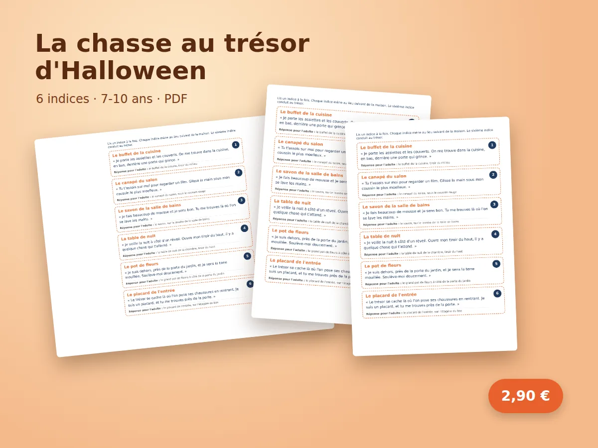 La chasse au trésor d'Halloween pour les 7-10 ans : trois feuilles du PDF posées sur fond chaud, prix 2,90 €