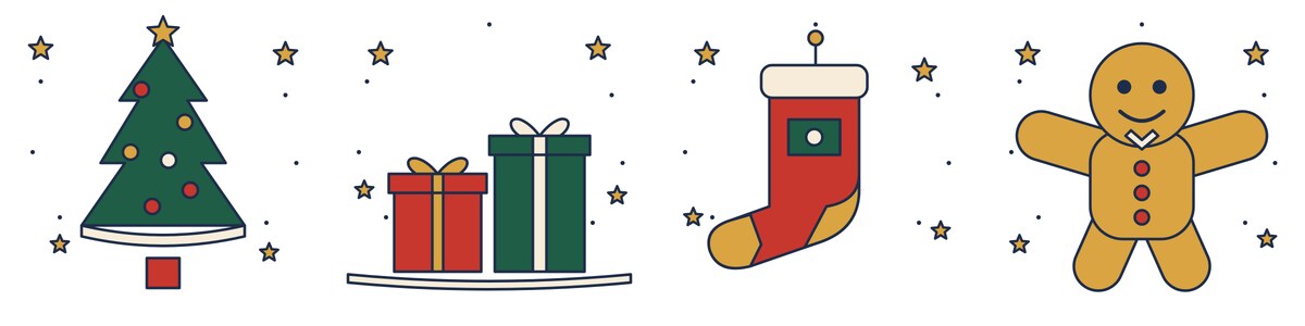 Quatre coloriages de Noël : un sapin décoré, deux cadeaux, une chaussette de Noël et un bonhomme en pain d'épices