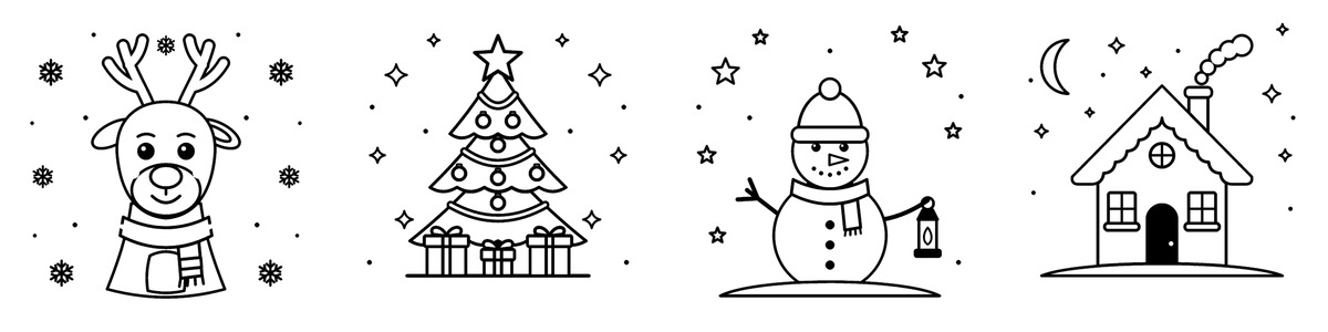 Quatre coloriages de Noël : un renne, un sapin, un bonhomme de neige et une maison sous la neige