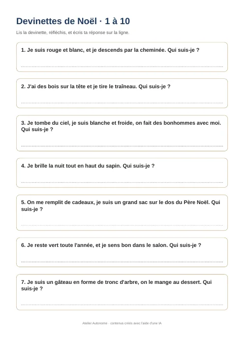 Aperçu de la première page des devinettes de Noël à imprimer : énigmes sur le Père Noël, le sapin et la neige