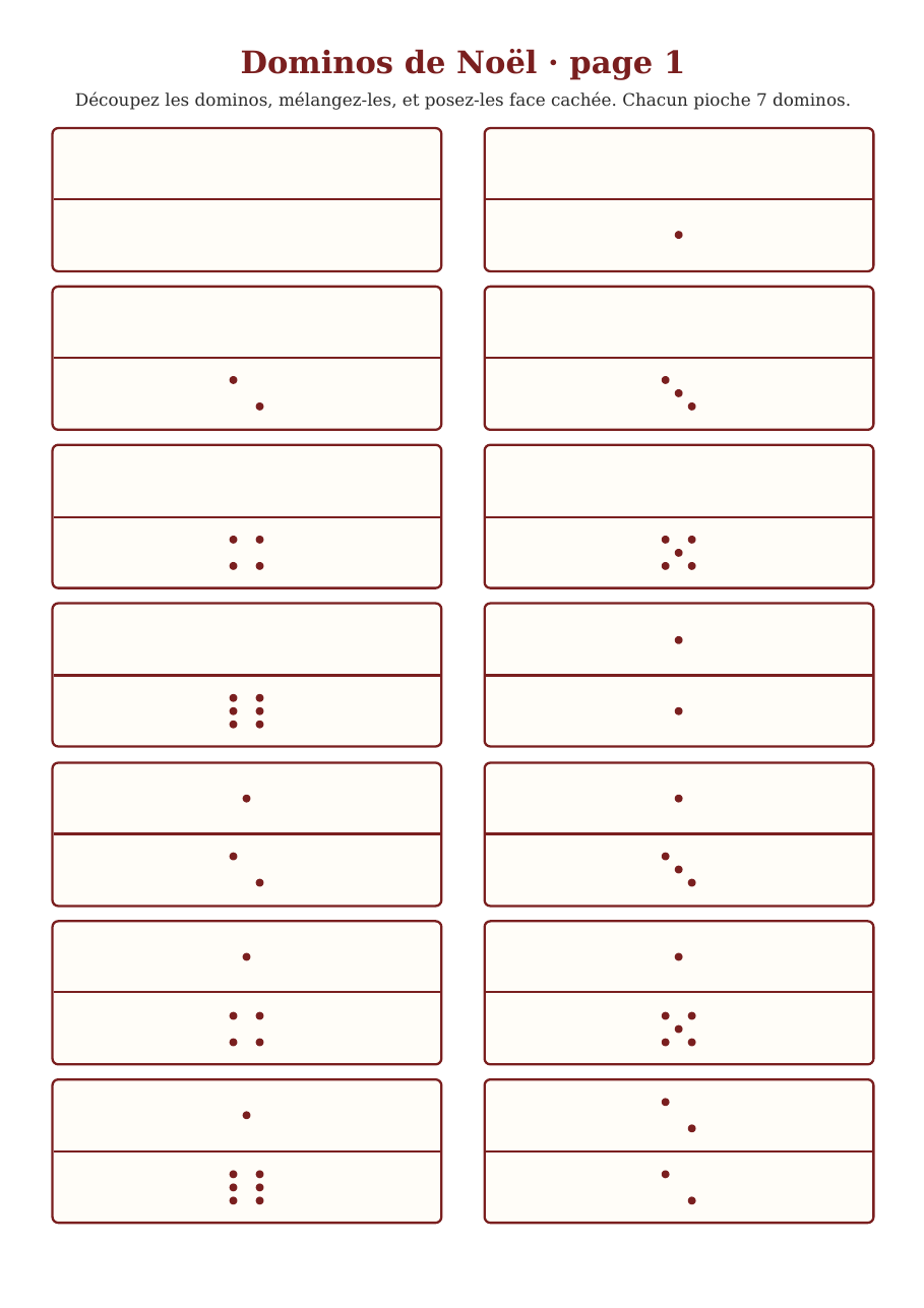 Aperçu des dominos de Noël : une page A4 avec 14 dominos à points rouges, valeurs de 0 à 6