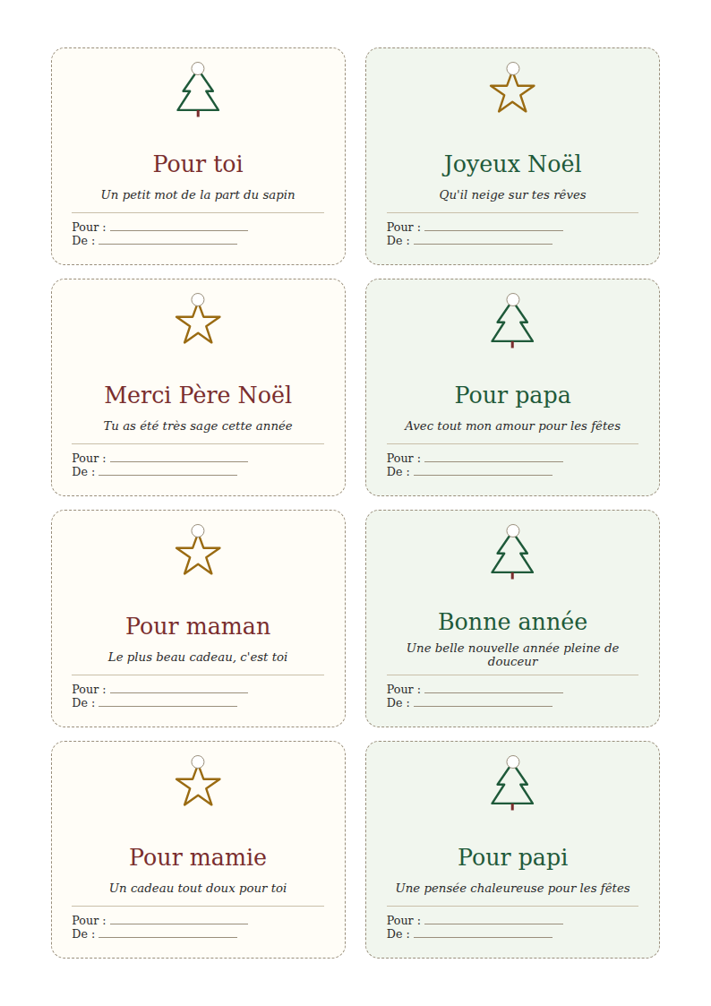 Aperçu des étiquettes cadeaux de Noël : seize étiquettes sur une page A4, avec les mots Pour toi, Joyeux Noël, Pour papa, et les champs Pour et De