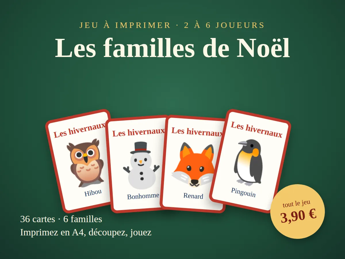 Aperçu des cartes du jeu des familles de Noël : le Père Noël, les rennes, les lutins, les cadeaux, les gourmandises et les hivernaux