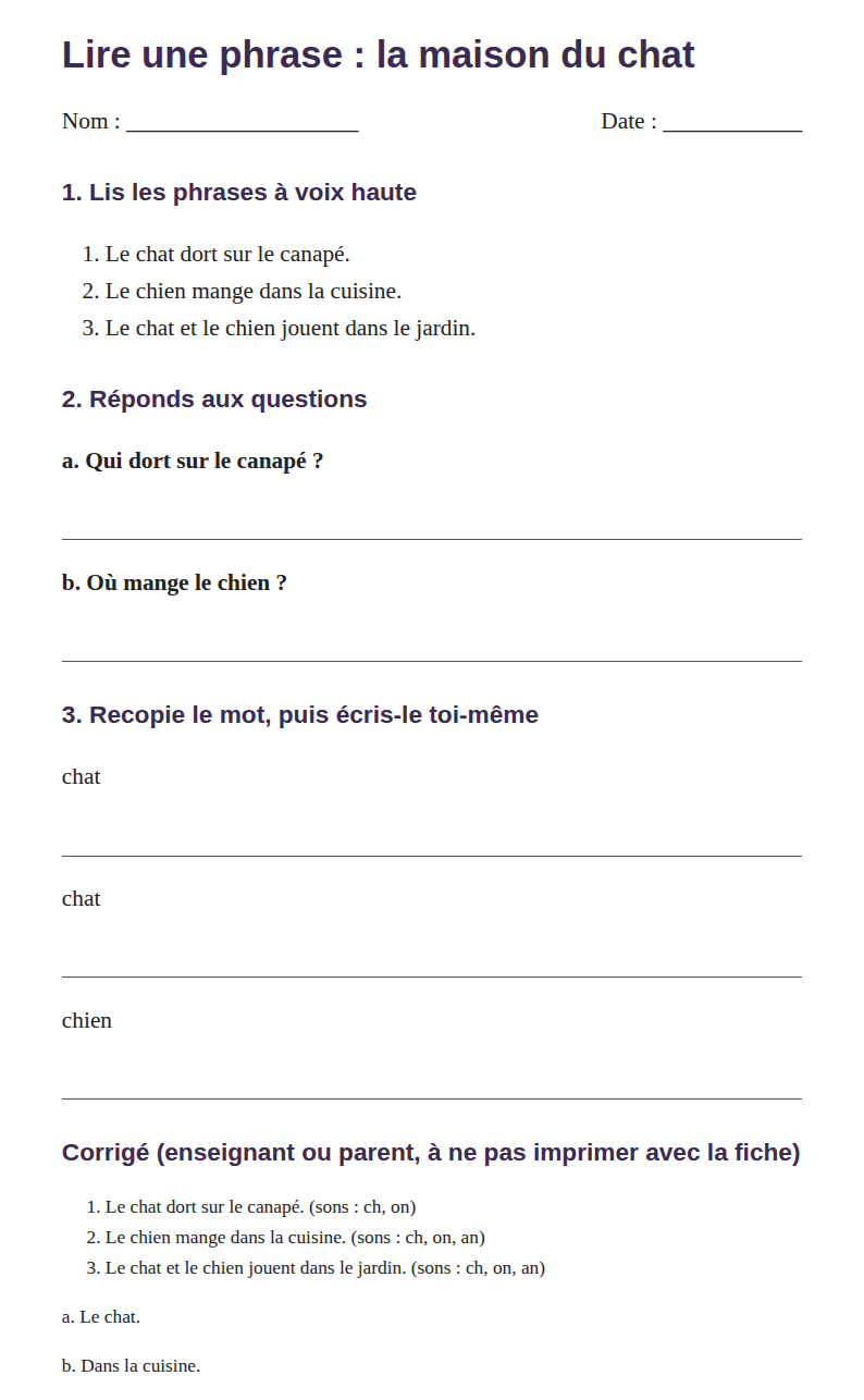 Aperçu de la fiche de lecture CP : trois phrases à lire, deux questions et des lignes pour écrire