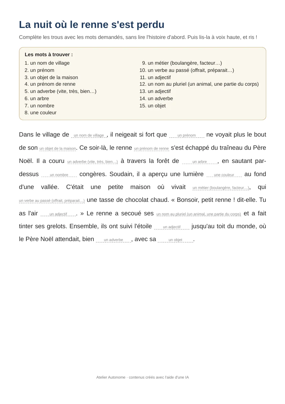 Aperçu de la première page des histoires à trous de Noël à imprimer