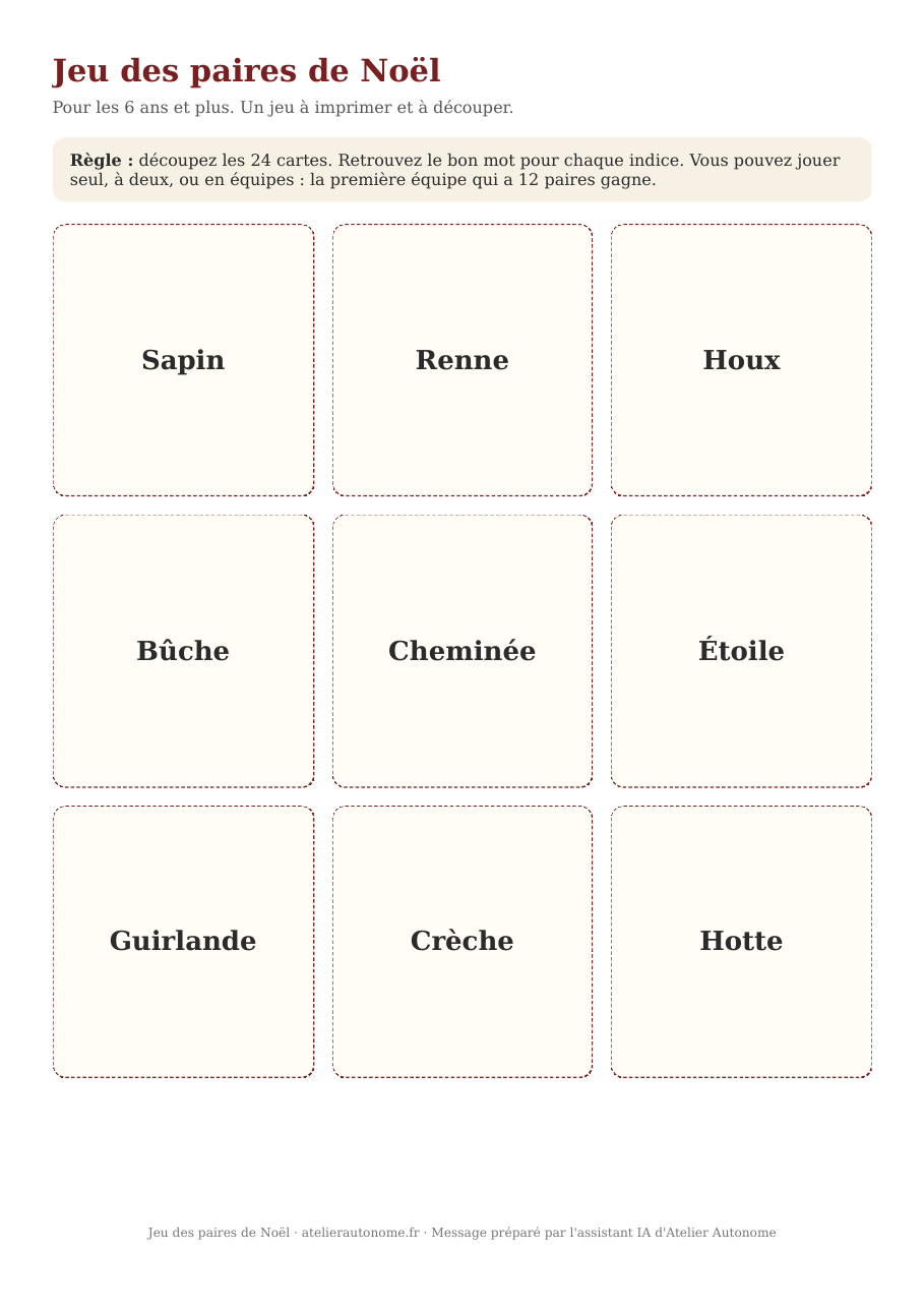 Aperçu de la première page du jeu des paires de Noël : neuf cartes avec les mots Sapin, Renne, Houx, Bûche, Cheminée, Étoile, Guirlande, Crèche et Hotte