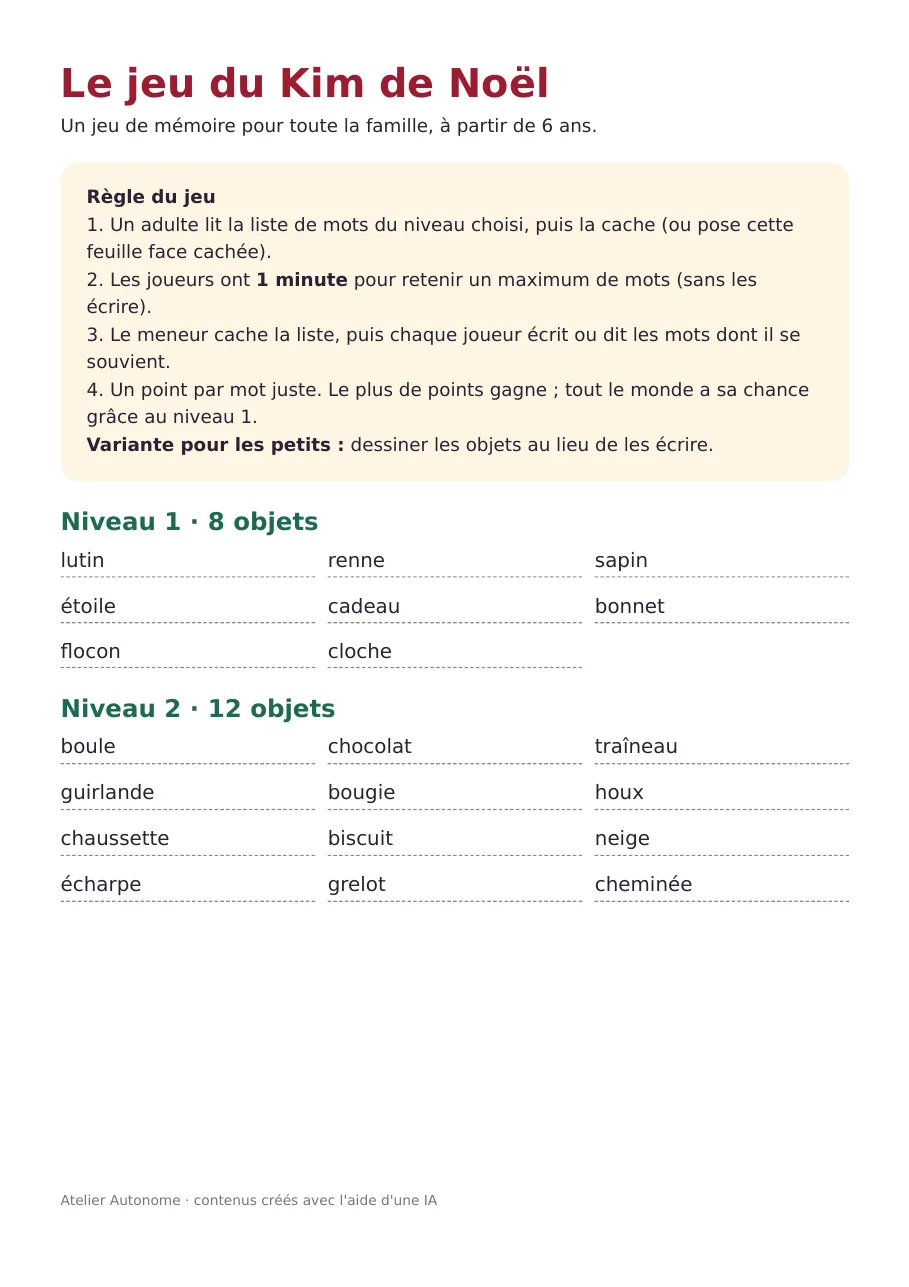 Aperçu de la première page du jeu du Kim de Noël à imprimer