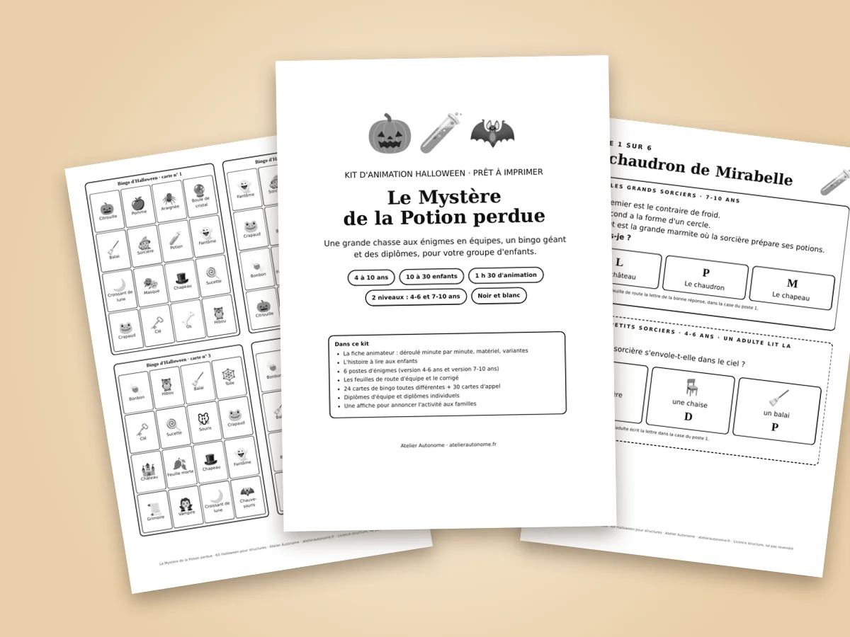 Le kit Le Mystère de la Potion perdue imprimé : la couverture au centre, une planche de cartes de bingo à gauche, le poste d'énigmes du chaudron à droite