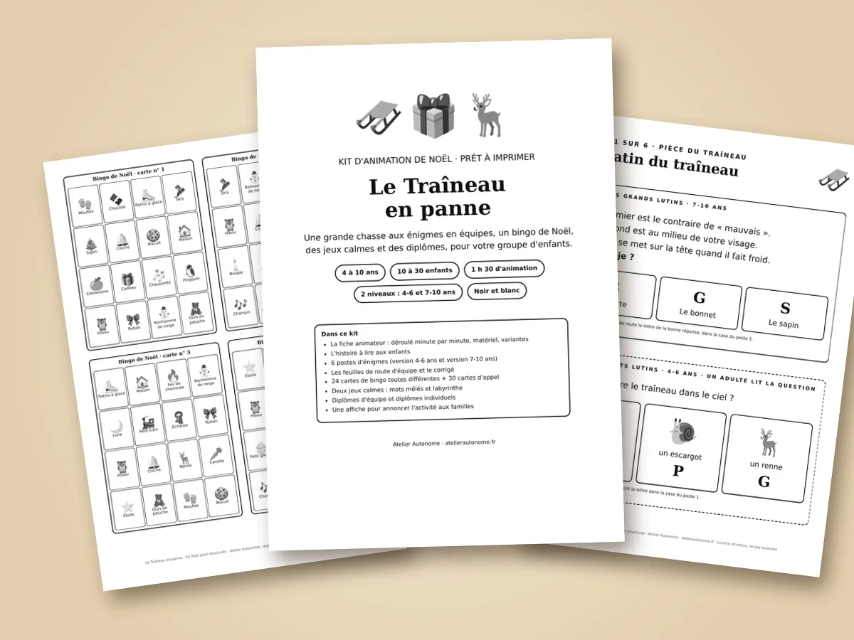 Le kit Le Traîneau en panne imprimé : la couverture au centre, une planche de cartes de bingo de Noël à gauche, le poste d'énigmes du patin du traîneau à droite