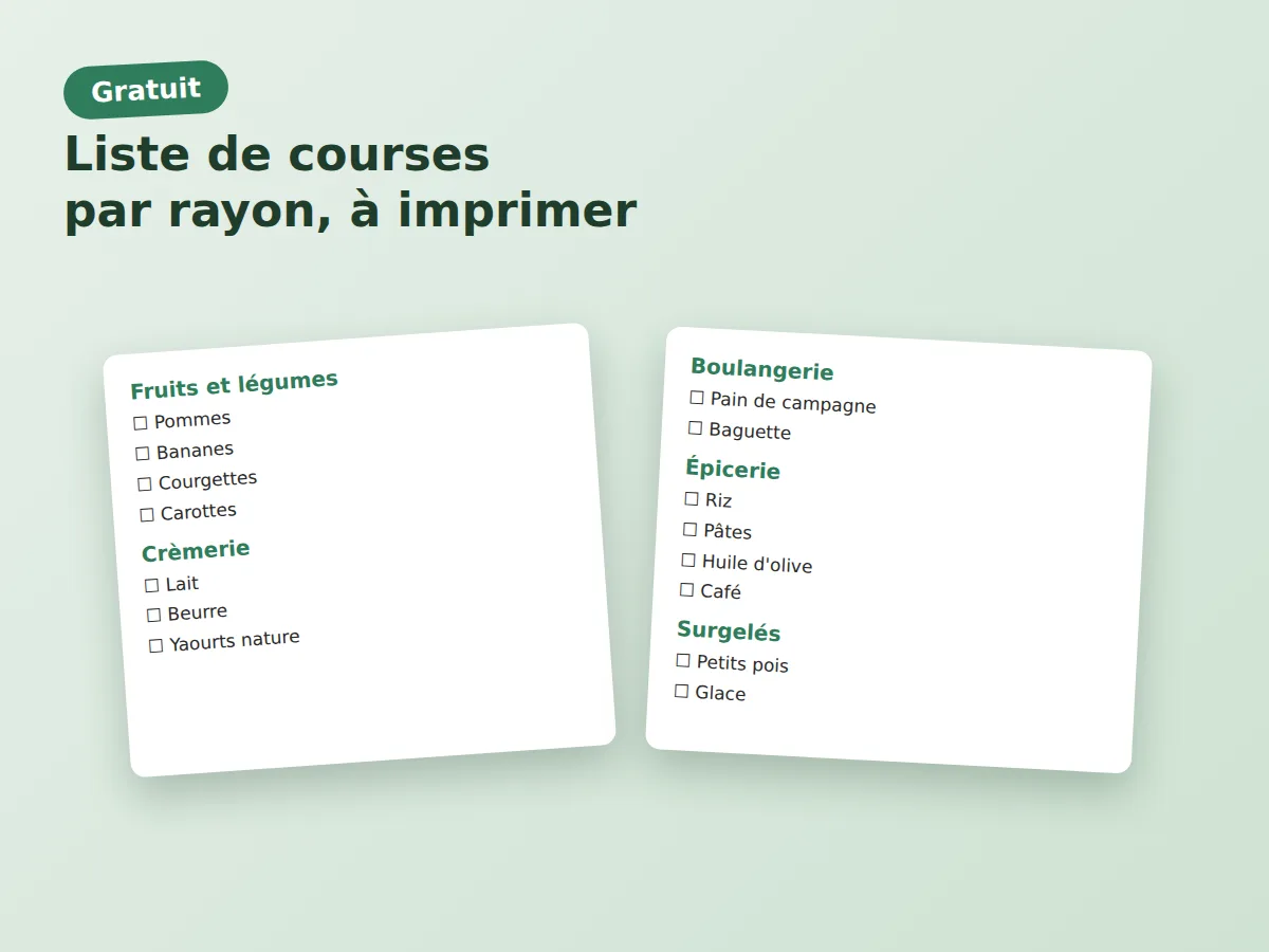 Aperçu de la liste de courses à imprimer, classée par rayon : fruits et légumes, crèmerie, boulangerie, épicerie, surgelés