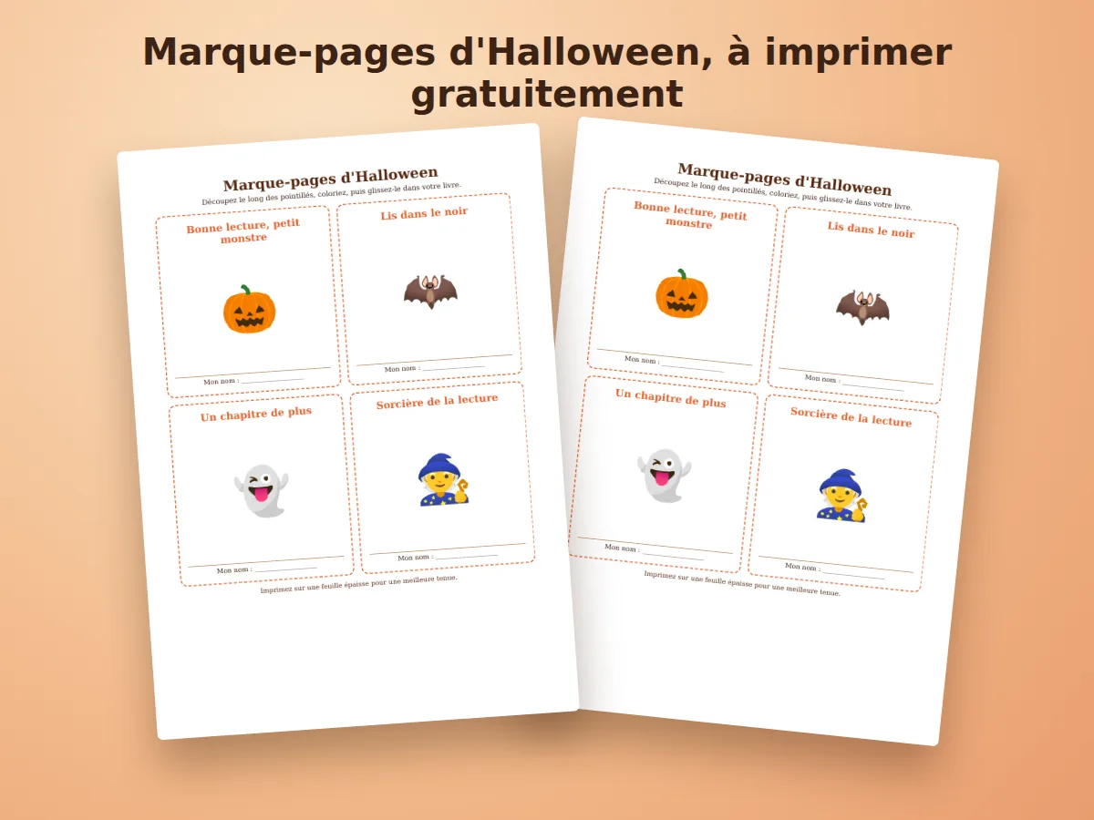 Deux feuilles de marque-pages d'Halloween posées sur une table : une citrouille, une chauve-souris, un fantôme et une sorcière, à découper et colorier