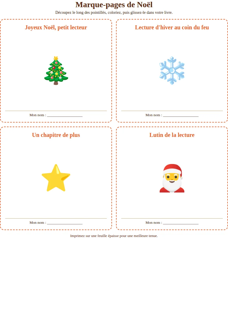 Aperçu de la feuille de marque-pages de Noël à imprimer, quatre modèles à colorier