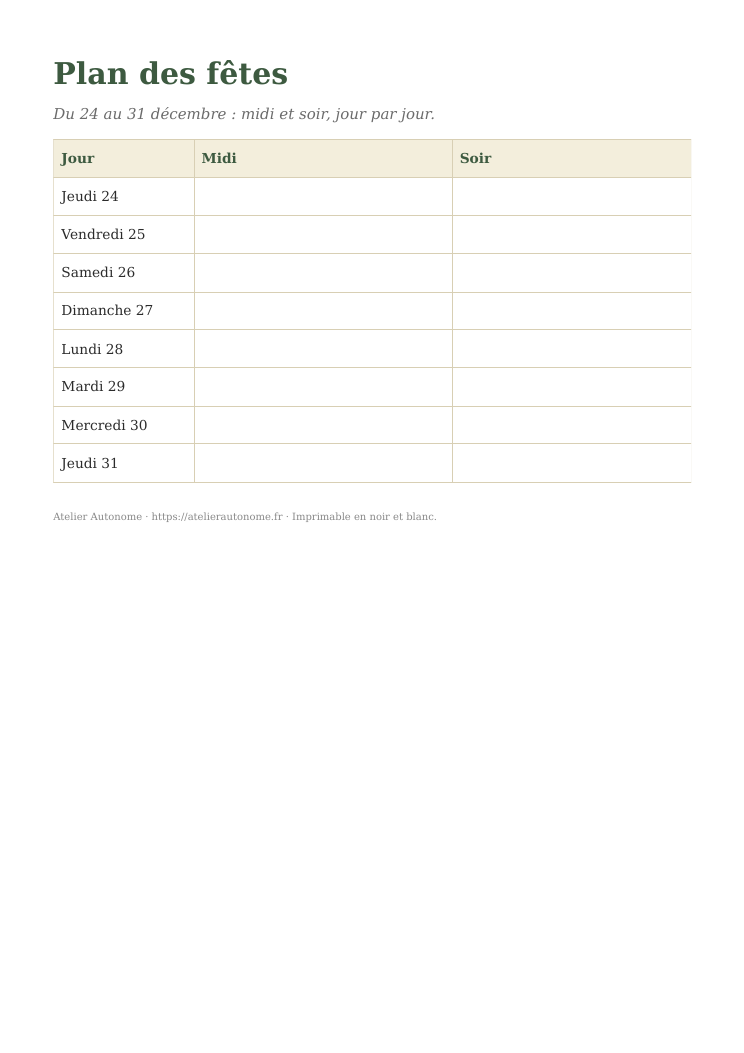 Aperçu du menu de réveillon : la première page du PDF, avec le plan des repas de fêtes sur huit jours, midi et soir