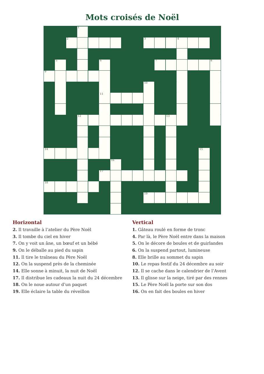 Aperçu des mots croisés de Noël : une grille de 17 cases sur 17, avec les définitions des mots en dessous, sur une page A4
