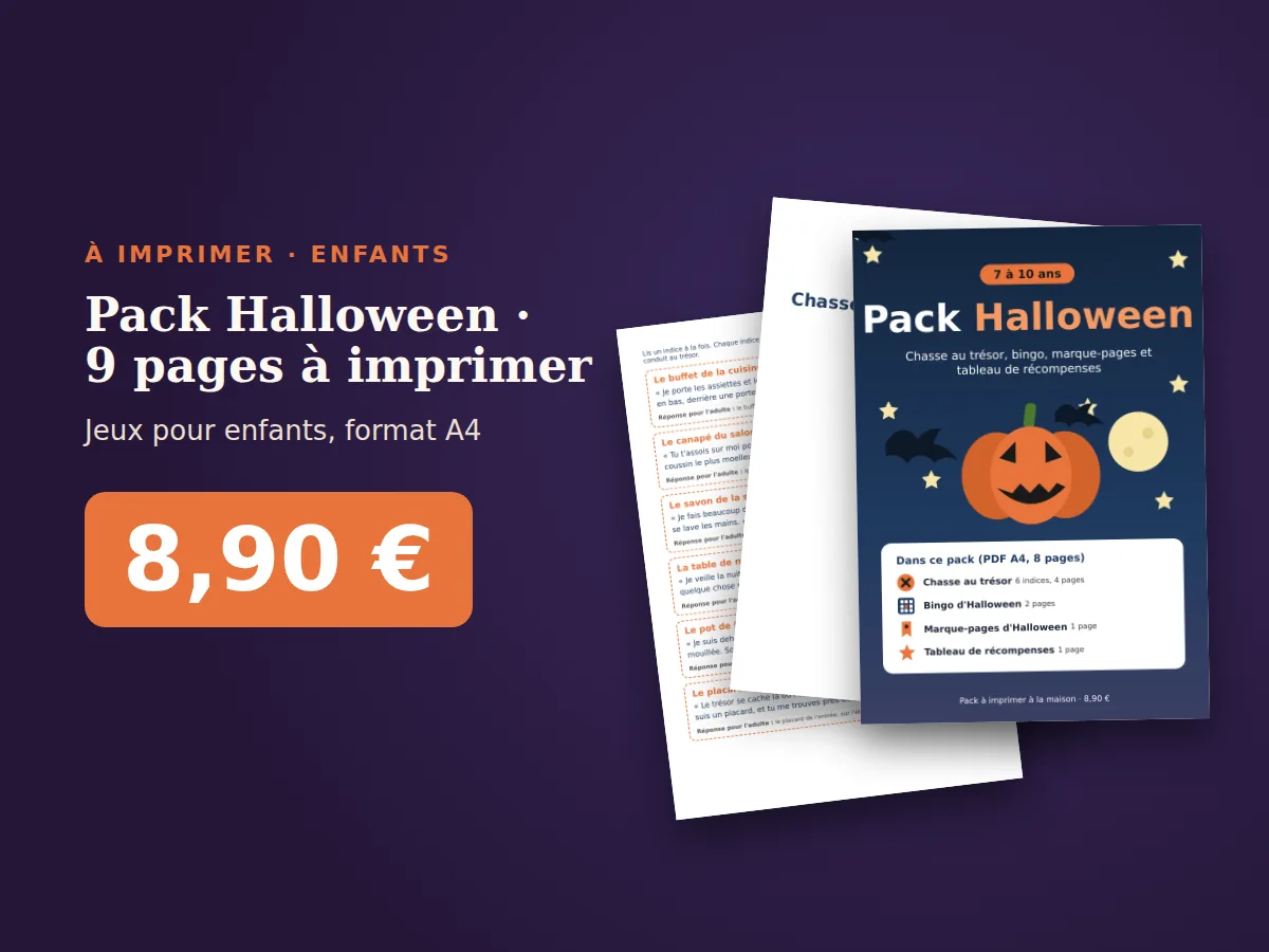 Pages du Pack Halloween pour enfants posées sur une table : chasse au trésor, bingo et marque-pages