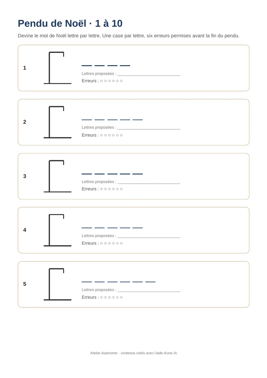 Aperçu de la première page du pendu de Noël à imprimer : potence et cases à remplir pour deviner des mots de Noël