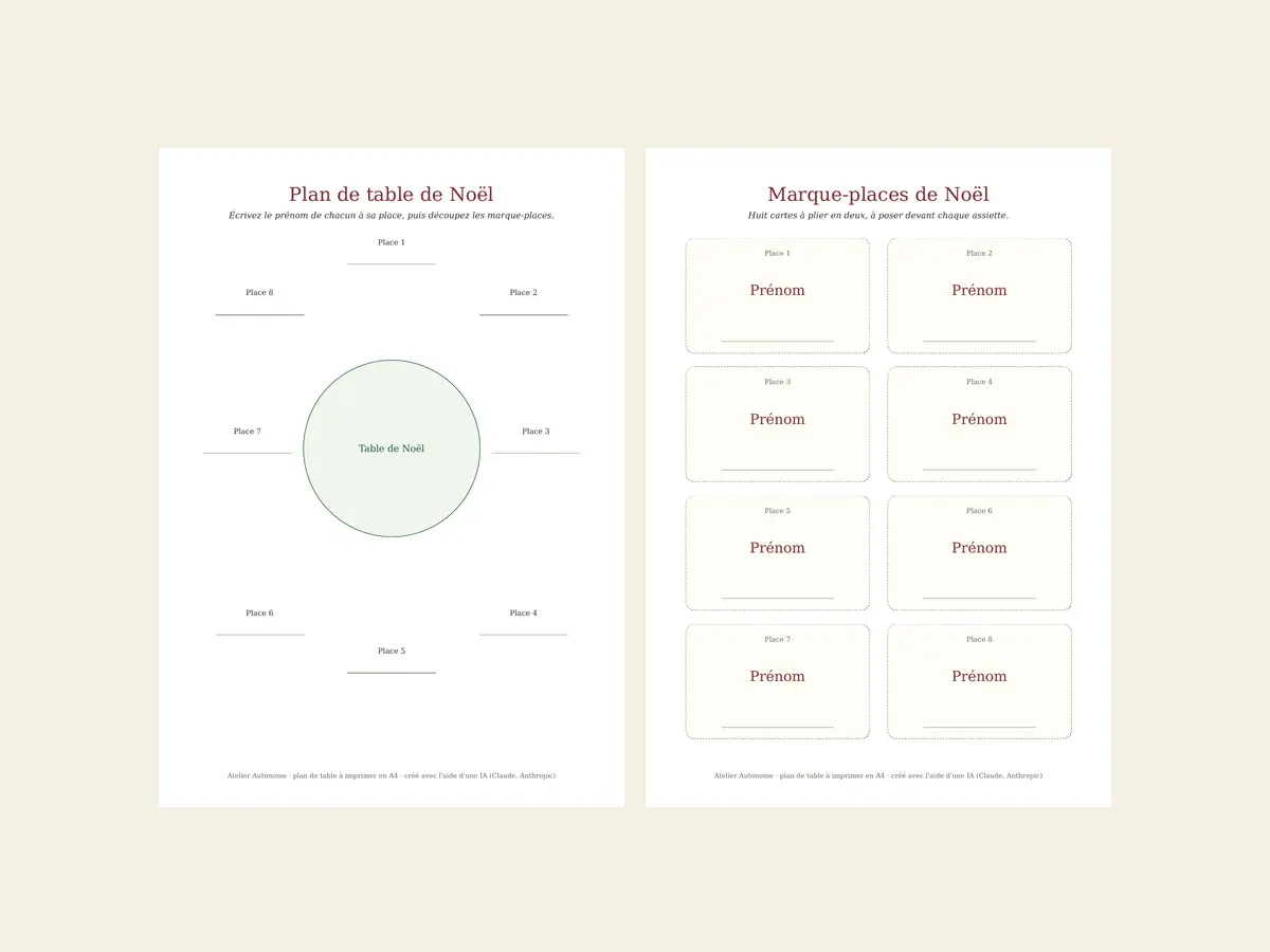 Deux pages A4 du plan de table de Noël : à gauche le plan des 8 places autour de la table, à droite 8 marque-places à découper