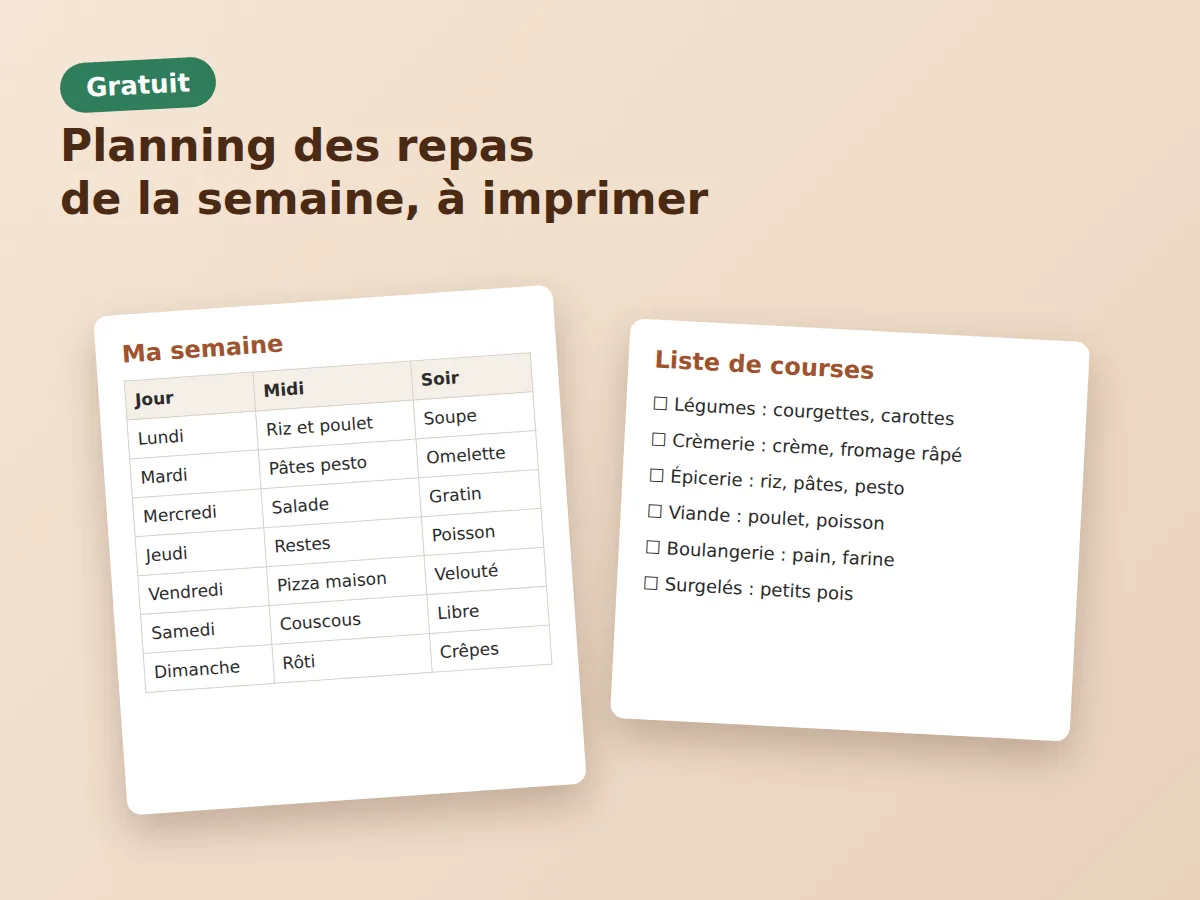 Aperçu du planning des repas : une feuille A4 avec la semaine, midi et soir, et la liste de courses au bas