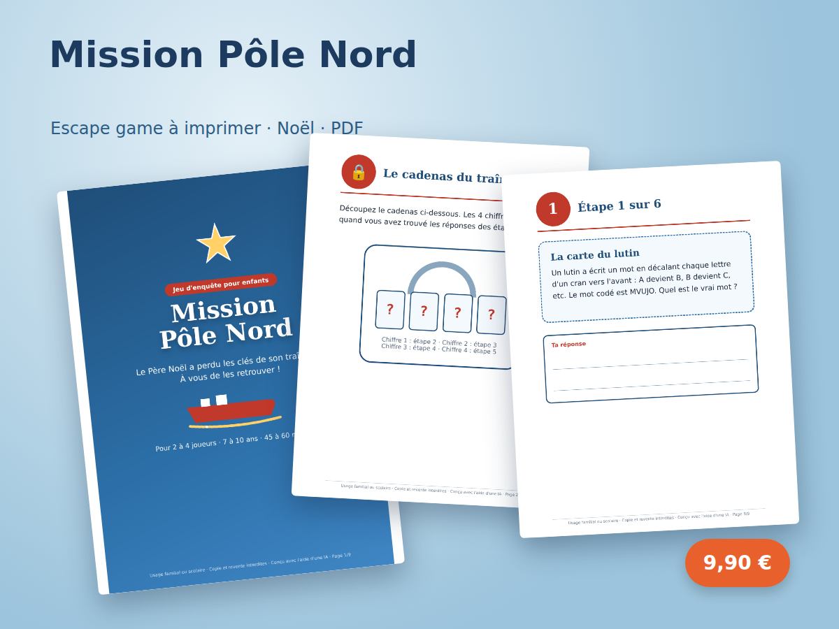 Mission Pôle Nord : la couverture et deux pages d'énigme de l'escape game de Noël posées sur une table