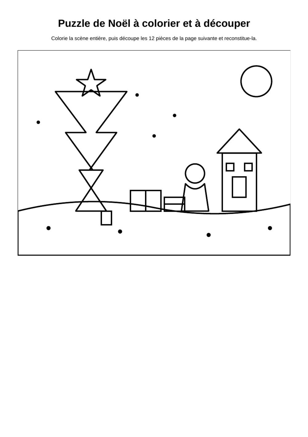 Aperçu du puzzle de Noël : une scène de Noël en contours noirs (sapin, étoile, cadeaux, maison, lune), sur une page A4 à colorier
