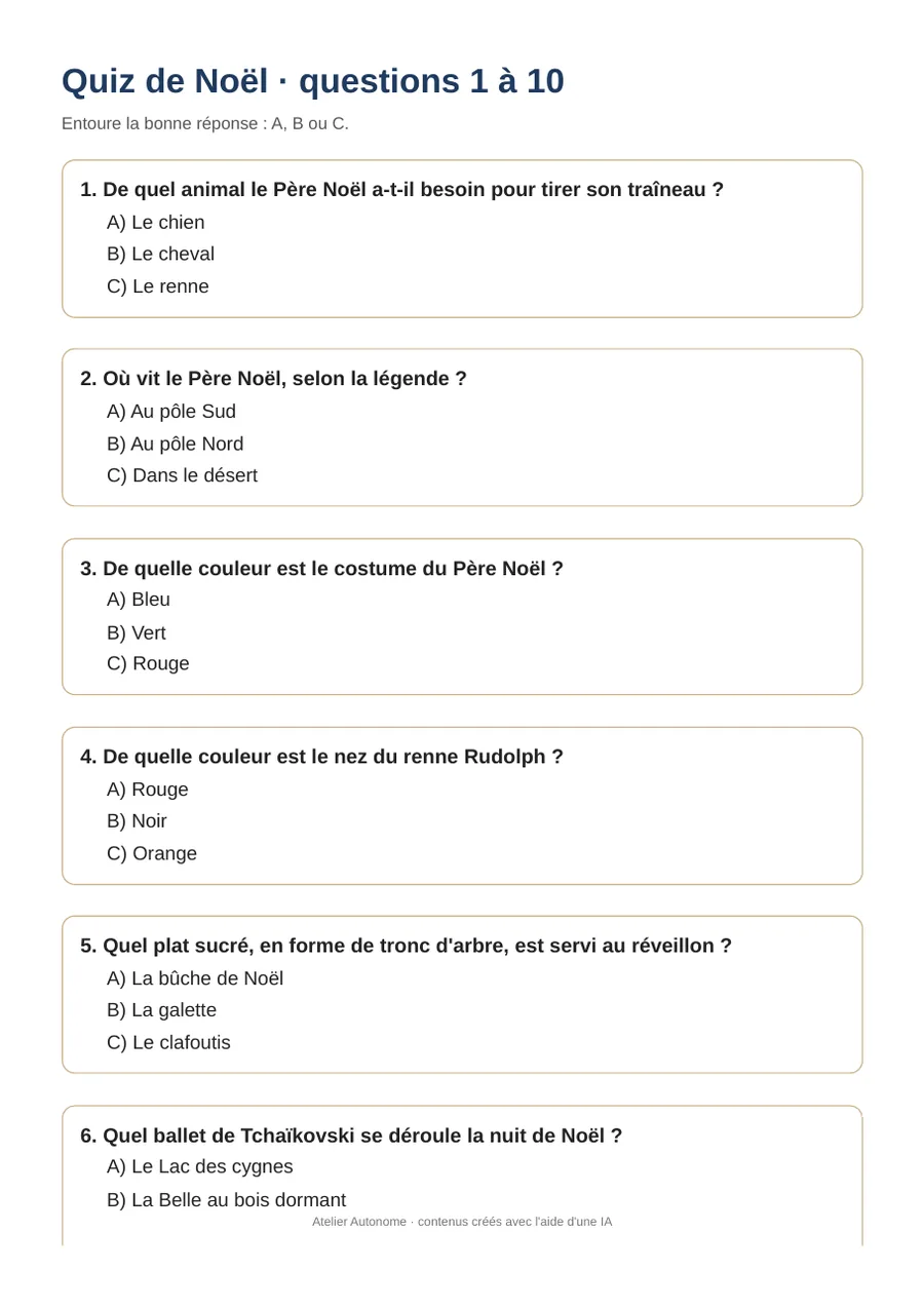 Aperçu de la première page du quiz de Noël à imprimer : questions à choix A, B ou C sur le Père Noël et les traditions