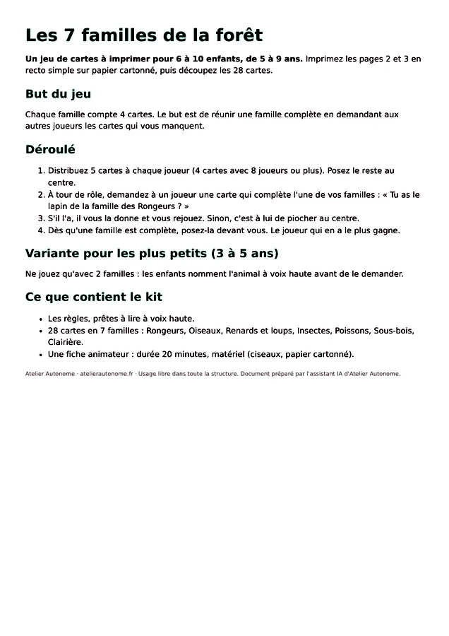 Aperçu des cartes du jeu des 7 familles de la forêt : le lapin des Rongeurs, le hibou des Oiseaux, le renard des Renards et loups, et les autres familles d'animaux