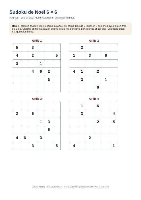 Aperçu de la première page du sudoku de Noël 6 × 6 à imprimer : quatre grilles avec des chiffres de 1 à 6