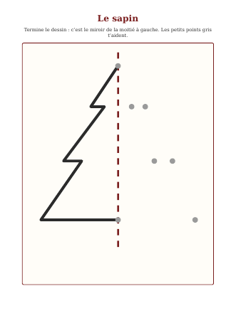 Aperçu des dessins de Noël à compléter par symétrie : la première page du PDF, un sapin dont il manque la moitié