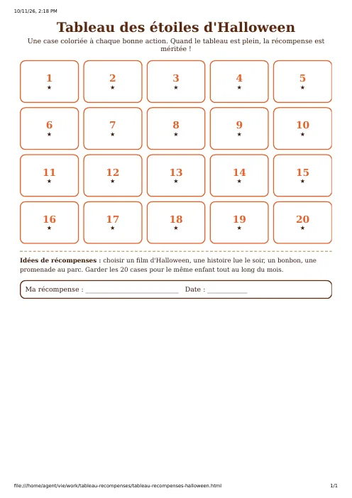 Aperçu du tableau de récompenses d'Halloween : une grille de 20 cases numérotées avec une étoile