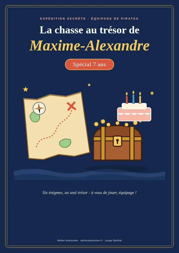 Couverture : La chasse au trésor de Maxime-Alexandre, spécial 7 ans, avec carte au trésor, coffre et gâteau
