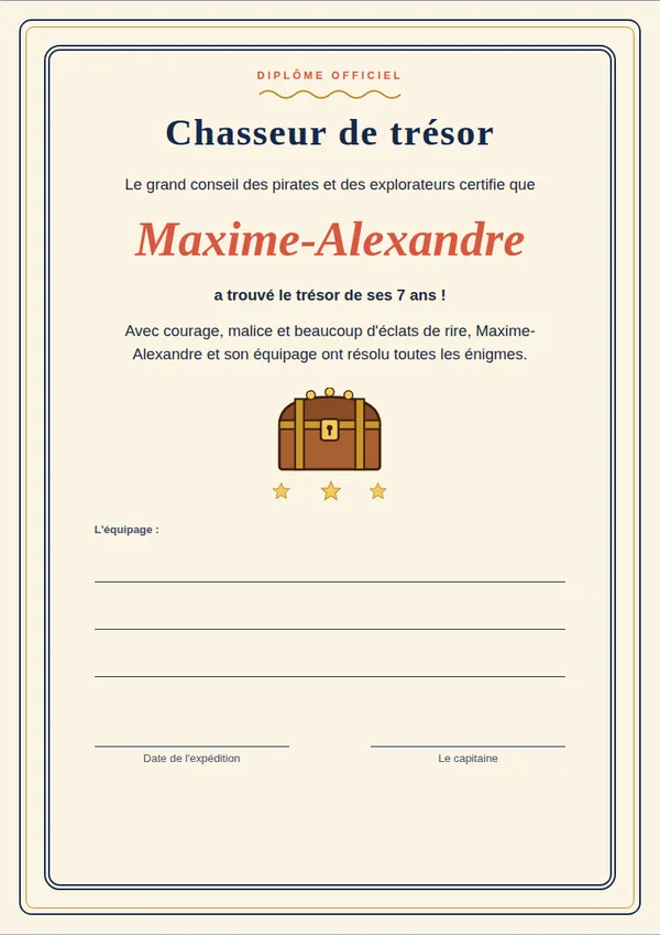 Diplôme de chasseur de trésor au prénom de l'enfant, à remettre en fin de jeu