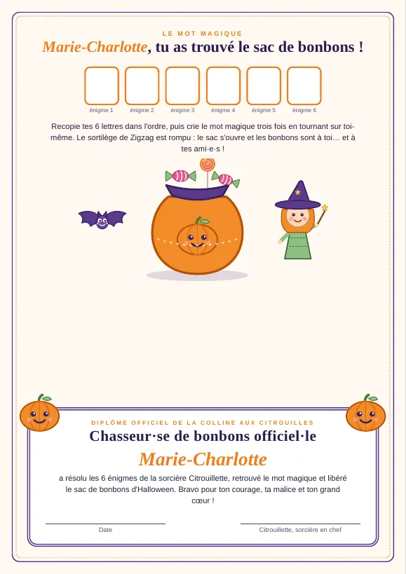 Dernière page : cases du mot magique et diplôme de chasseuse de bonbons au prénom de Marie-Charlotte