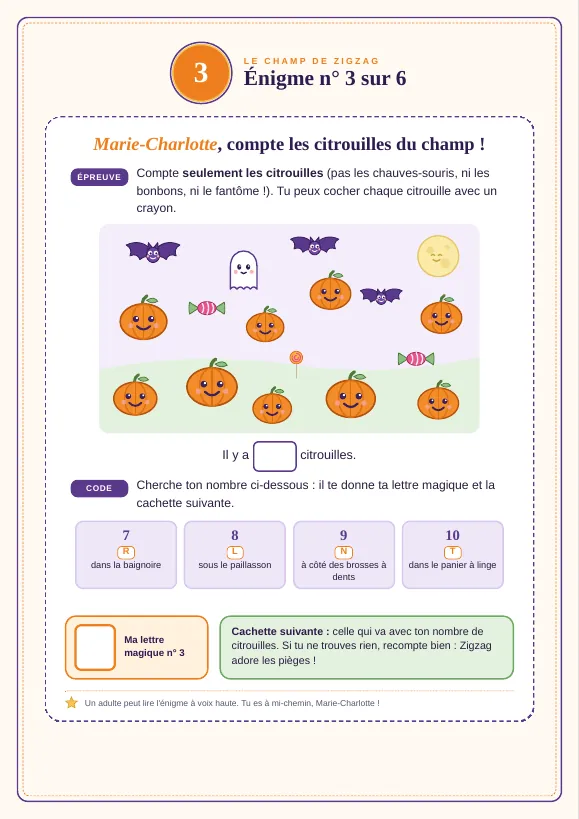 Énigme n° 3 sur 6 : Marie-Charlotte compte les citrouilles du champ, avec une case pour la lettre magique et la cachette suivante
