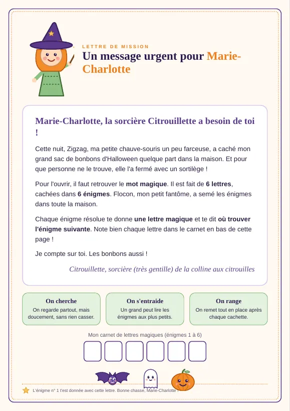 Lettre de mission de la sorcière Citrouillette adressée à Marie-Charlotte