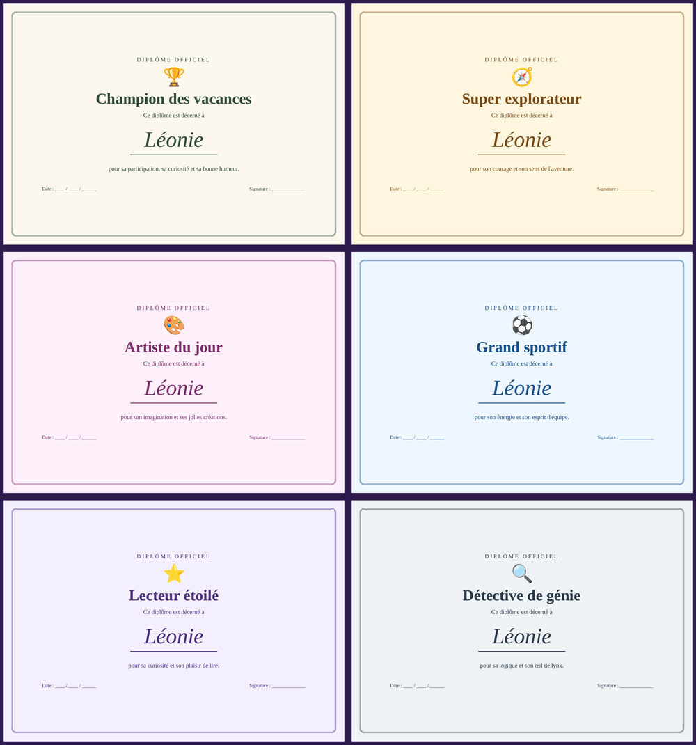 Aperçu : six diplômes au prénom de l'enfant, de couleurs différentes
