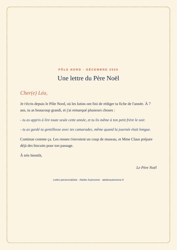 Aperçu : une lettre du Père Noël au prénom de l'enfant, sur papier crème, avec le titre Pôle Nord